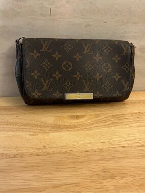 Designer Inspired Brown Monogram Canvas Clutch with Gold Plaque